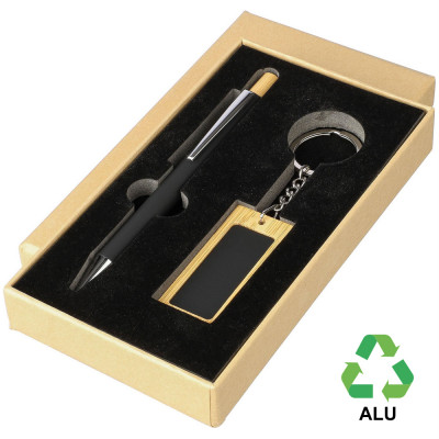 ЭКО набор из бамбука „Zaid“ (ручка + брелок) прорезиненный