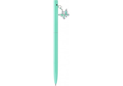 Ручка металева зелена із сяючим брелоком "Метелик", вкритим кристалами, пише синім