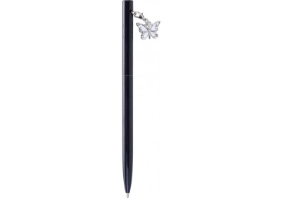 Ручка металева чорна із сяючим брелоком "Метелик", вкритим кристалами, пише синім